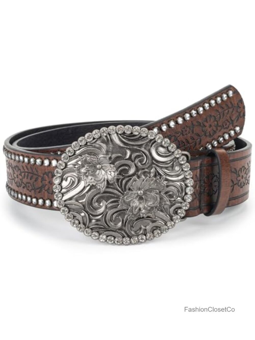 Faux Leather Western Cowgirl Belt Rhinestone Oval Pin Buckle 45"